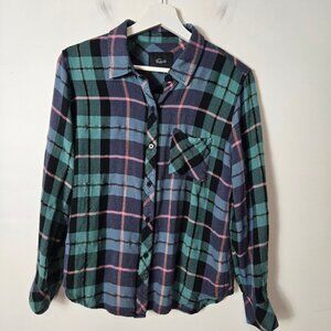 Rails Size M Hunter Teal Navy Pink Button-Up Long Sleeve Shirt Lurex Gold Plaid